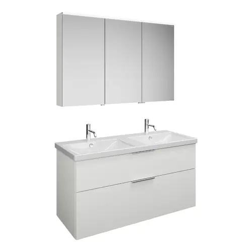 Set burgbad Eqio, composé d‘une armoire de toilette à gauche, d‘un double lavabo en céramique et d‘un meuble sous lavabo, largeur 1230mm