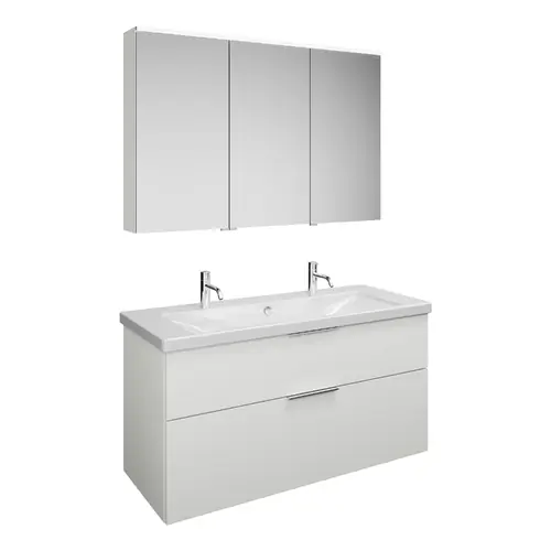 Set burgbad Eqio, composé d‘une armoire de toilette à droite, d‘un lavabo en céramique avec 2 trous pour robinetterie et d‘un meuble souslavabo, largeur 1230mm