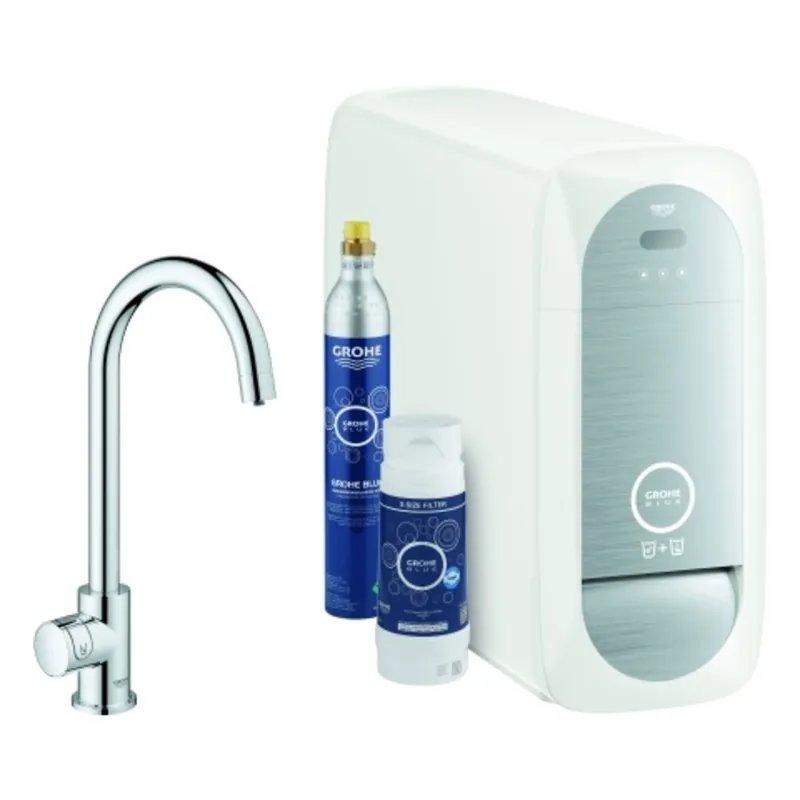 Grohe Blue Home Mono Mitigeur monocommandé pour évier Starter Kit, portée 153mm, bec en C, avec fonction filtre et refroidissement