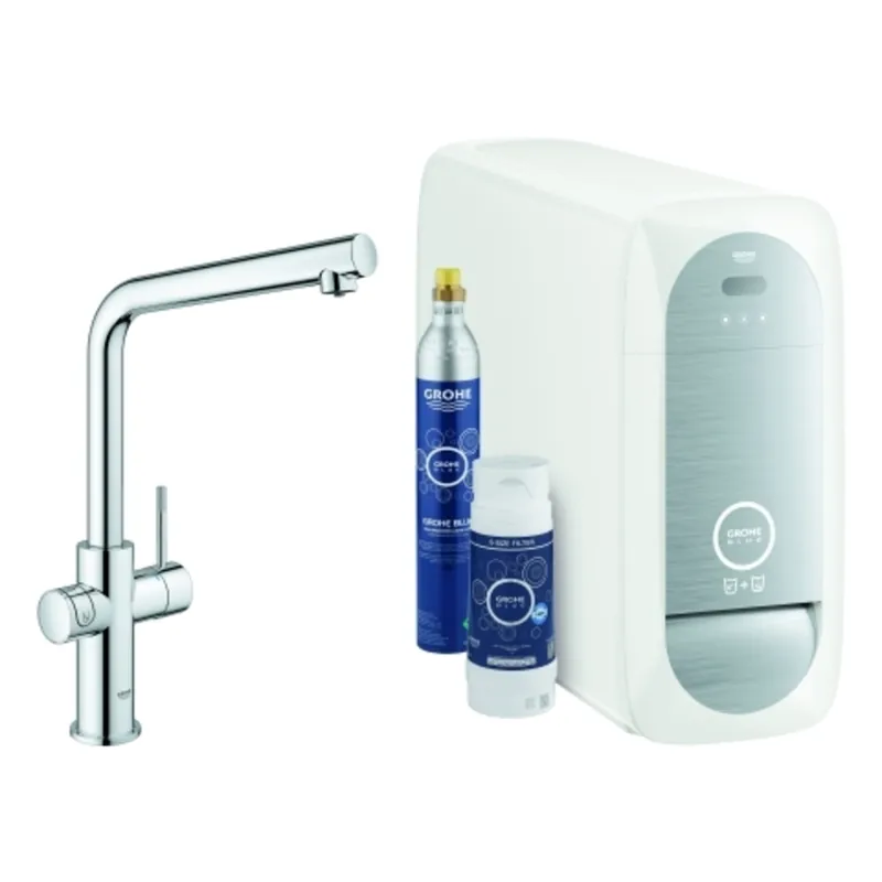 Grohe Blue Home Mitigeur monocommandé pour évier Starter Kit, portée 221mm, bec en L, avec fonction filtre et refroidissement