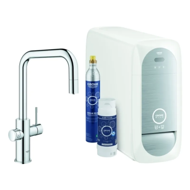 Grohe Blue Home Mitigeur monocommandé pour évier Starter Kit, portée 224mm, bec en U, avec fonction filtre et refroidissement, extractible
