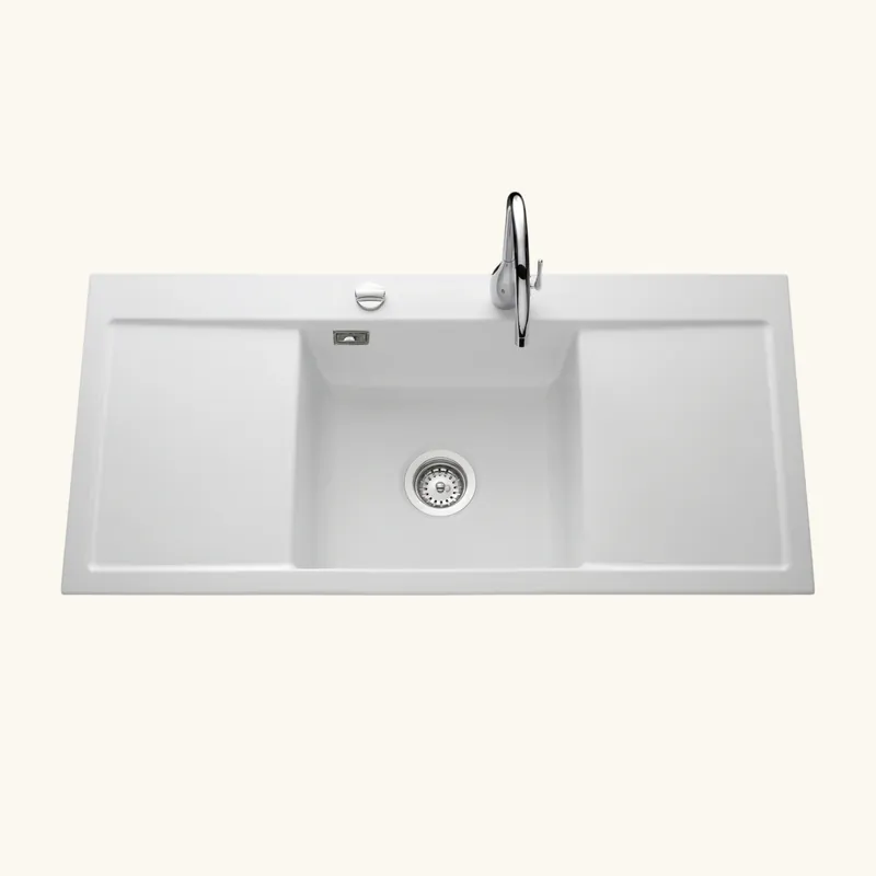 Evier céramique blanc mat Systemceram CLEYA 1 grand bac 2 égouttoirs