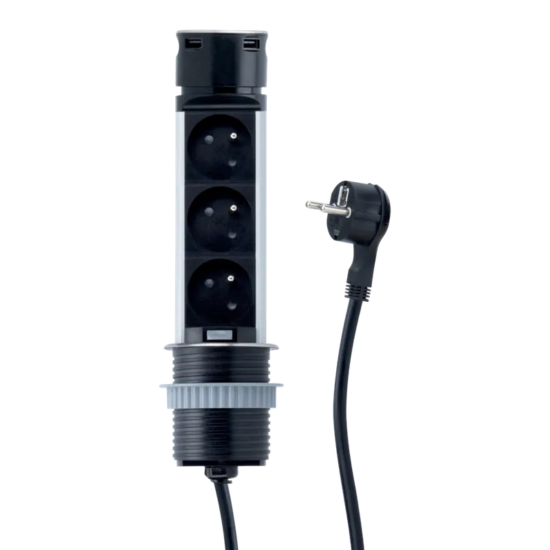 Prise plan de travail SKY - Bloc 3 prises + 2 USB-A rétractable inox et noir