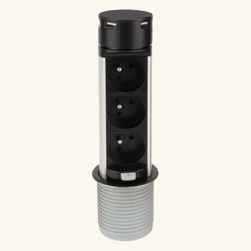 Prise plan de travail SKY - Bloc 3 prises + 2 USB-A rétractable noir