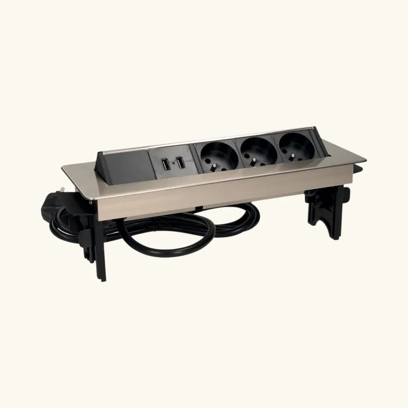 Prise plan de travail AURA - Bloc 3 prises + 2 USB-A rétractable inox
