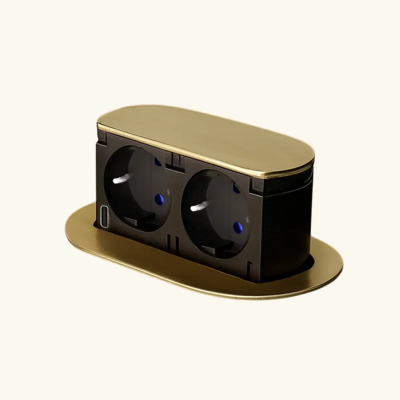 Prise plan de travail PIXEL rétractable doré - Double prise + 1 USB-C