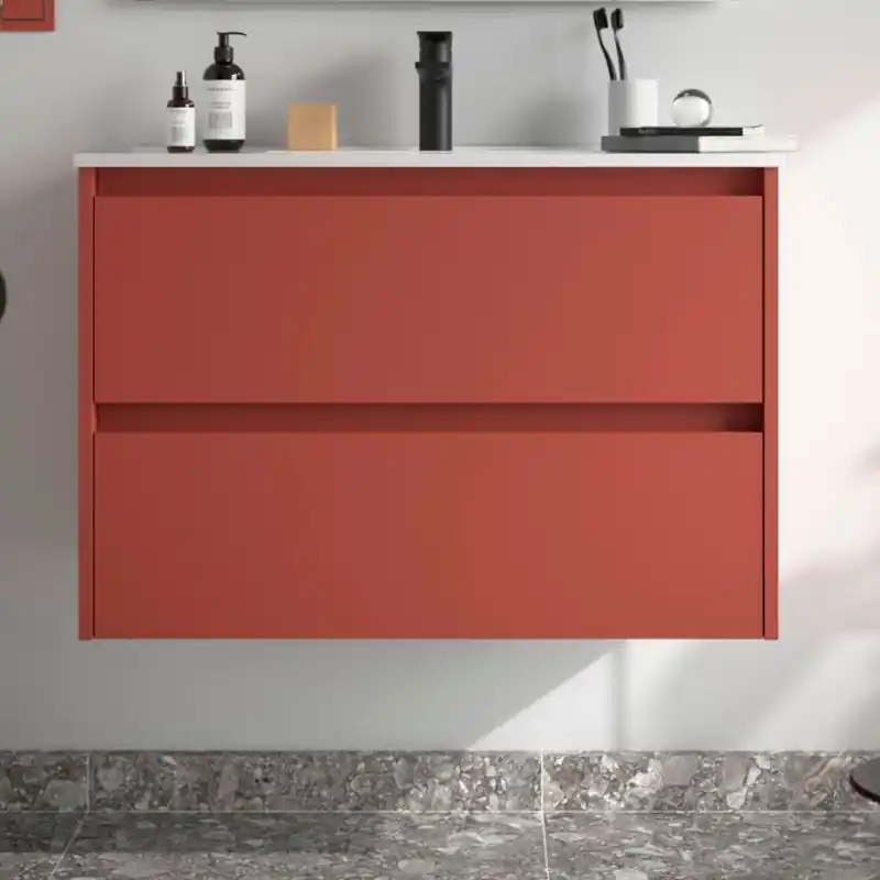 Meuble NOJA rouge mat 2 tiroirs 90 cm avec vasque réf 106084 SALGAR