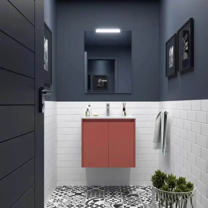 Meuble NOJA rouge mat 2 portes 60 cm avec vasque, miroir et éclairage LED réf 105278 SALGAR