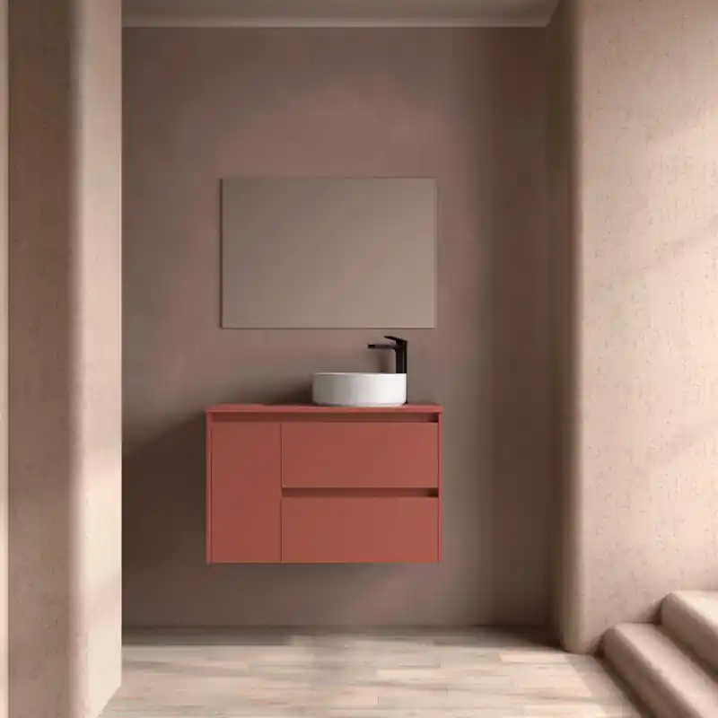 Meuble NOJA Rouge mat 2 tiroirs et 1 porte à gauche en 90 cm avec plan de toilette réf 118266 SALGAR