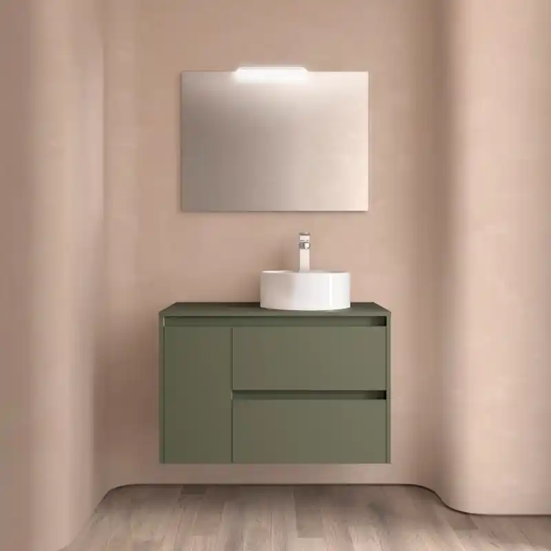 Meuble NOJA Vert mat 2 tiroirs et 1 porte à gauche en 90 cm avec plan de toilette réf 118265 SALGAR