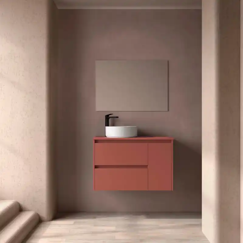 Meuble NOJA Rouge mat 2 tiroirs et 1 porte à droite en 90 cm avec plan de toilette réf 118256 SALGAR
