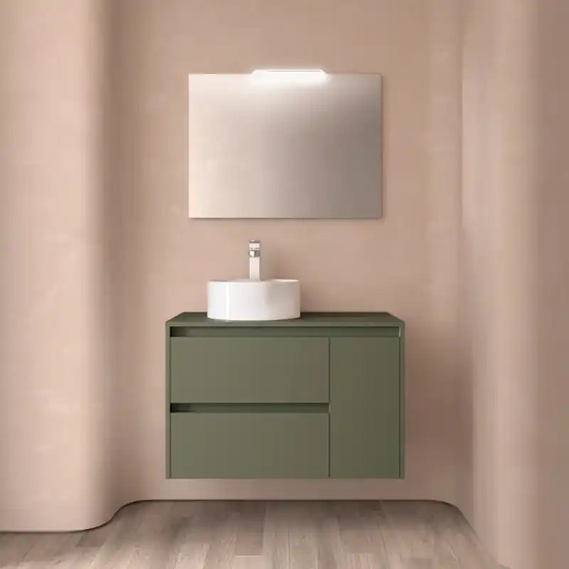 Meuble NOJA Vert mat 2 tiroirs et 1 porte à droite en 90 cm avec plan de toilette réf 118255 SALGAR