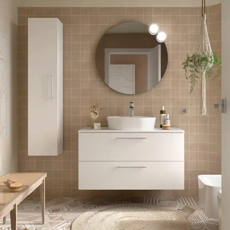 Meuble Silane 100 cm 2 tiroirs Blanc Mat avec plan de toilette réf 118078 Salgar
