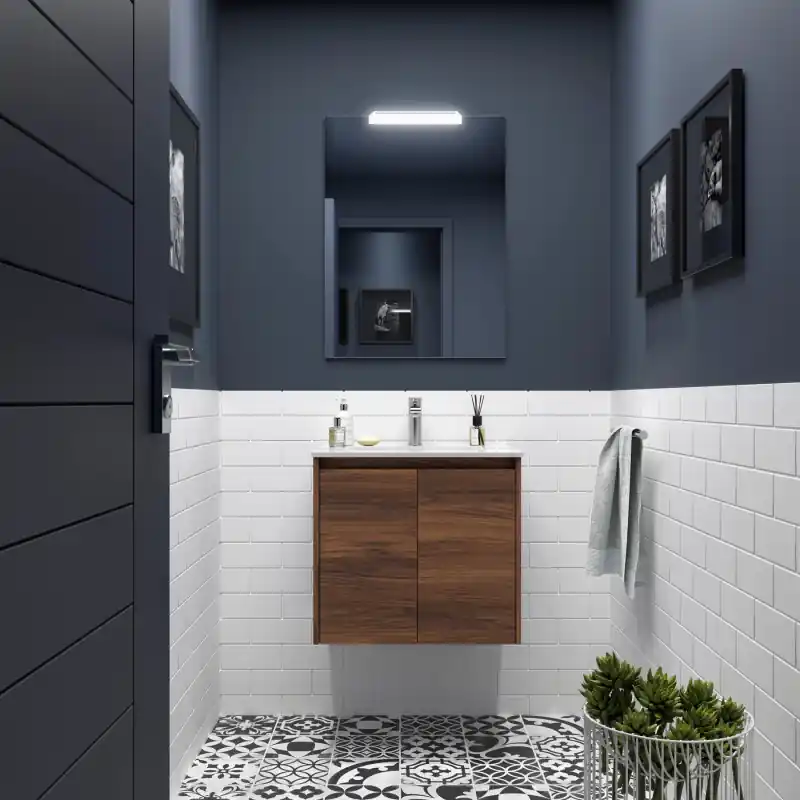 Meuble NOJA noyer maya 2 portes 80 cm avec vasque, miroir et éclairage LED réf 105299 SALGAR