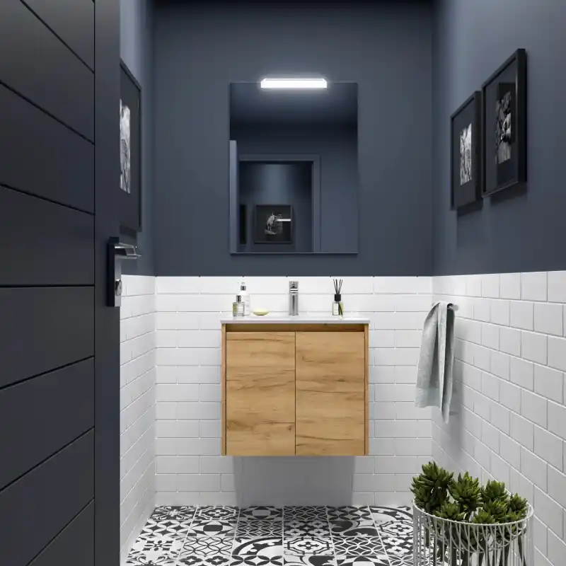 Meuble NOJA chêne africain 2 portes 80 cm avec vasque, miroir et éclairage LED réf 105298 SALGAR