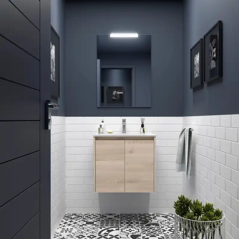 Meuble NOJA chêne naturel 2 portes 80 cm avec vasque, miroir et éclairage LED réf 105297 SALGAR