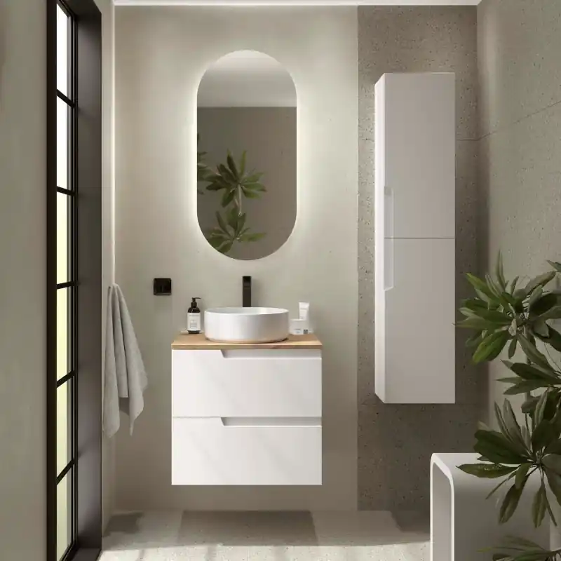 Meuble VIMA blanc mat / Chêne Montana 2 tiroirs 60 cm avec plan de toilette réf 117948 SALGAR