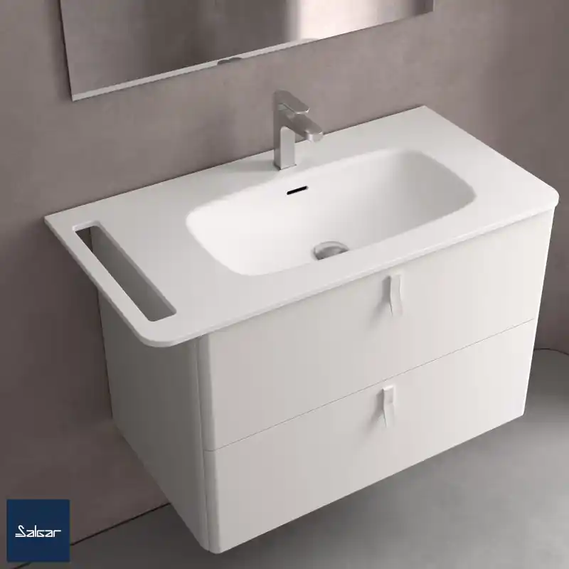 Vasque UNIIQ 60 cm en Solid Surface blanc mat avec ou sans porte serviette réf 96787 SALGAR