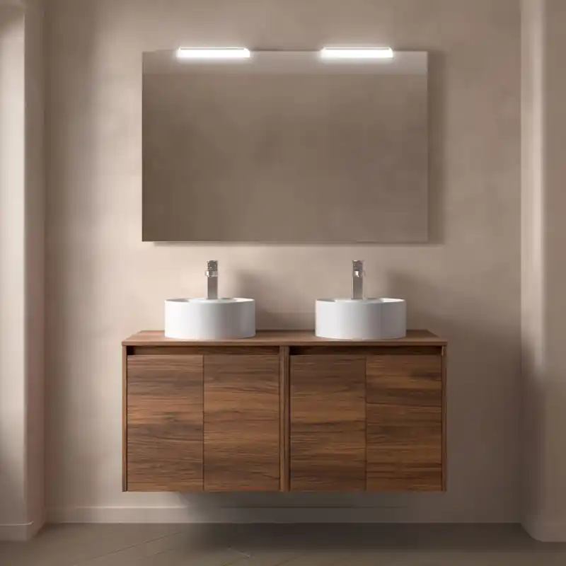 Meuble NOJA noyer maya 4 portes 140 cm avec plan de toilette pour vasque à poser réf 105578 SALGAR