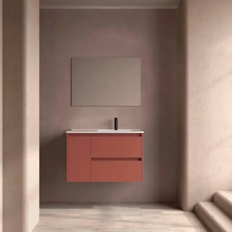 Meuble NOJA Rouge mat 2 tiroirs et 1 porte en 90 cm avec vasque à droite réf 118184 SALGAR