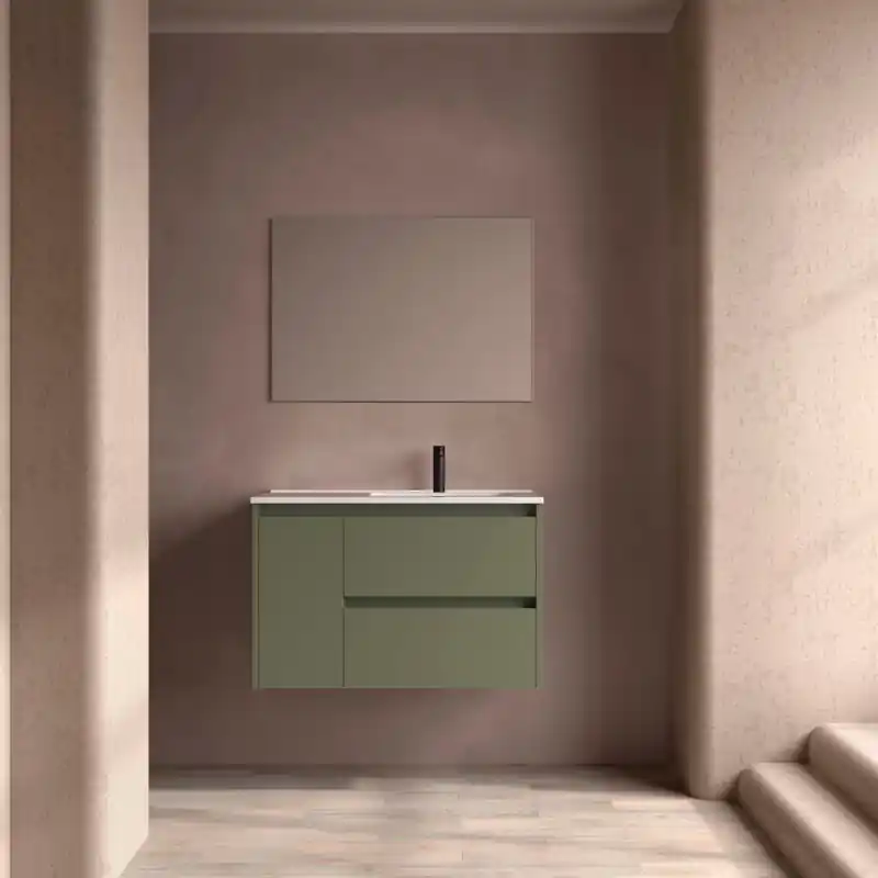 Meuble NOJA Vert mat 2 tiroirs et 1 porte en 90 cm avec vasque à droite réf 118183 SALGAR