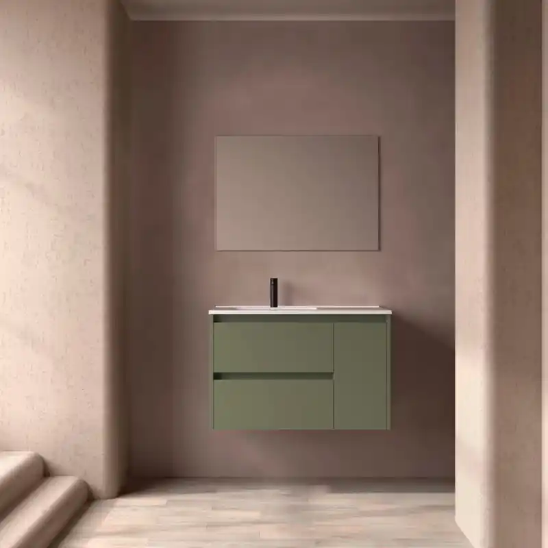 Meuble NOJA vert mat 2 tiroirs et 1 porte en 90 cm avec vasque à gauche réf 118173 SALGAR