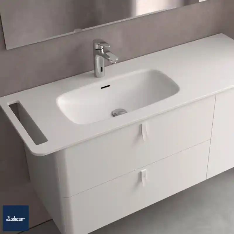 Vasque à gauche UNIIQ 120 cm en Solid Surface blanc mat avec ou sans porte-serviette réf 97377 SALGAR