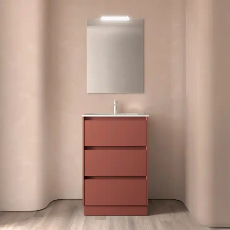 Meuble NOJA rouge mat 3 tiroirs 60 cm avec vasque, miroir et éclairage LED réf 105624 SALGAR