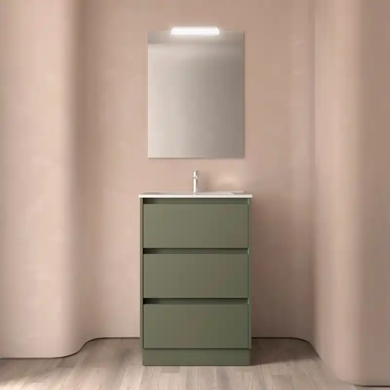Meuble NOJA vert mat 3 tiroirs 60 cm avec vasque, miroir et éclairage LED réf 105623 SALGAR