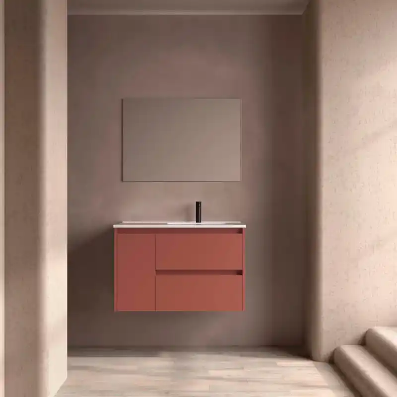 Meuble NOJA rouge mat 2 tiroirs et 1 porte en 90 cm avec vasque à droite, miroir et éclairage LED réf 118360 SALGAR