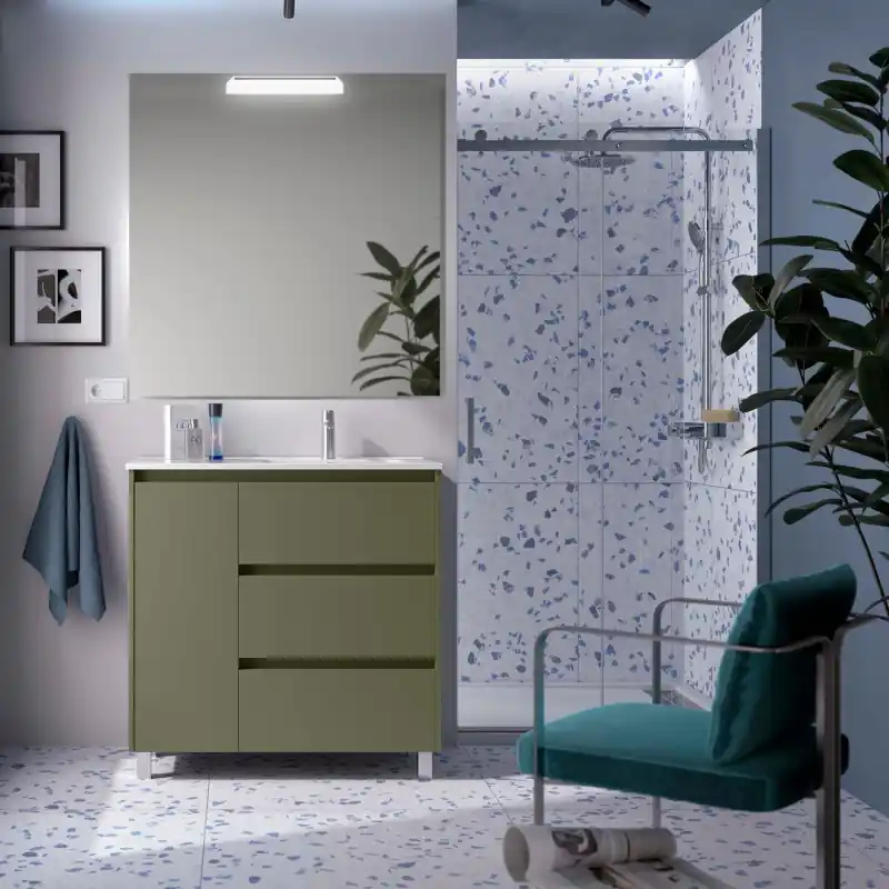 Meuble NOJA vert mat 3 tiroirs et 1 porte en 90 cm avec vasque à droite, miroir et éclairage LED réf 118379 SALGAR