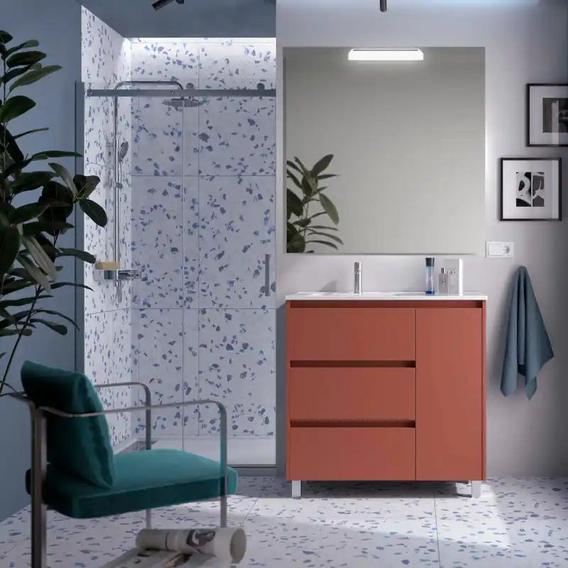 Meuble NOJA rouge mat 3 tiroirs et 1 porte en 90 cm avec vasque à gauche, miroir et éclairage LED réf 118370 SALGAR