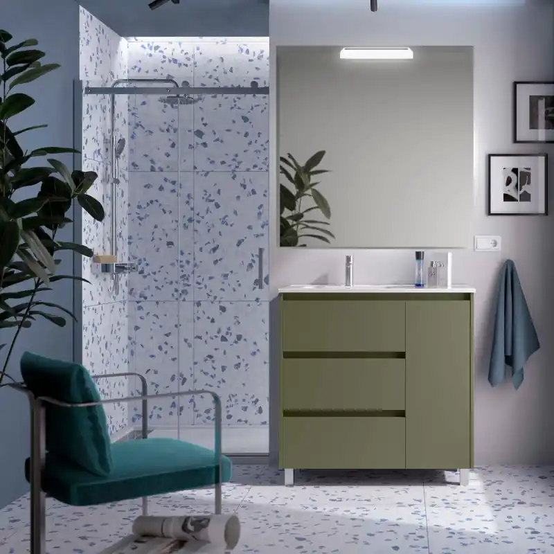 Meuble NOJA vert mat 3 tiroirs et 1 porte en 90 cm avec vasque à gauche, miroir et éclairage LED réf 118369 SALGAR