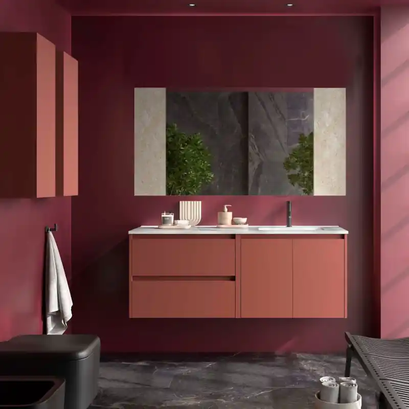Meuble NOJA Rouge mat 2 tiroirs 2 portes 120 cm avec vasque à droite réf 118833 SALGAR
