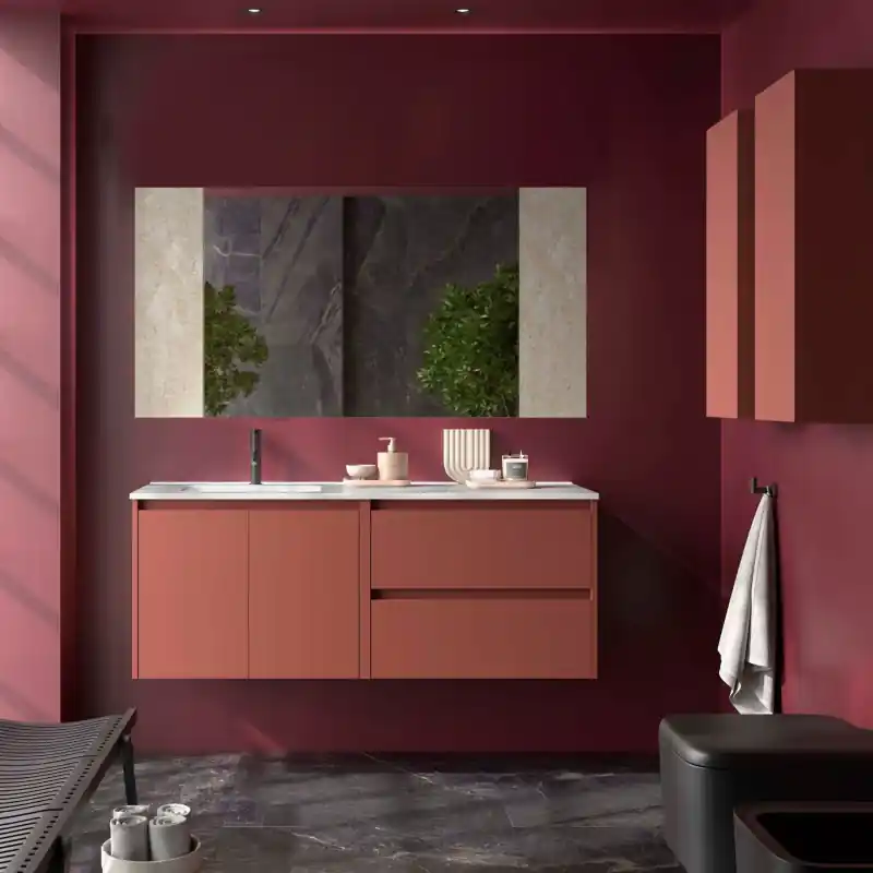 Meuble NOJA Rouge mat 2 tiroirs 2 portes 120 cm avec vasque à gauche réf 118823 SALGAR