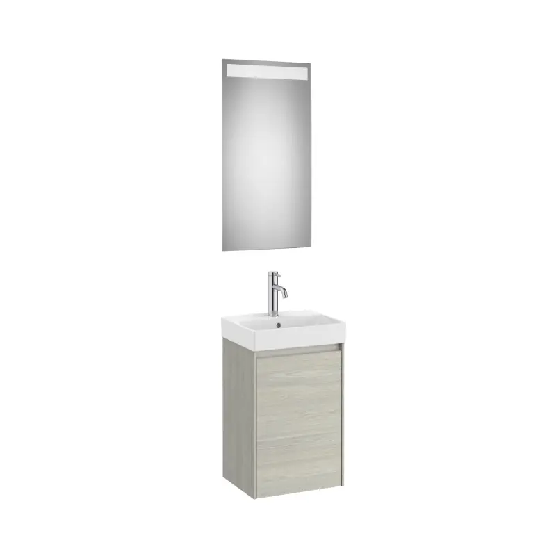 Meuble Ona compact 1 porte + lave-mains en fineceramic + miroir led eidos 400mm chêne blanchi réf A851695512 ROCA