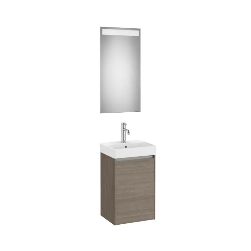 Meuble Ona compact 1 porte + lave-mains en fineceramic + miroir led eidos 400mm orme foncé réf A851695511 ROCA