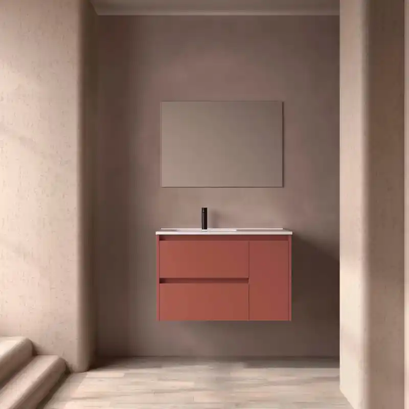 Meuble NOJA rouge mat 2 tiroirs et 1 porte en 90 cm avec vasque à gauche, miroir et éclairage LED réf 118350 SALGAR