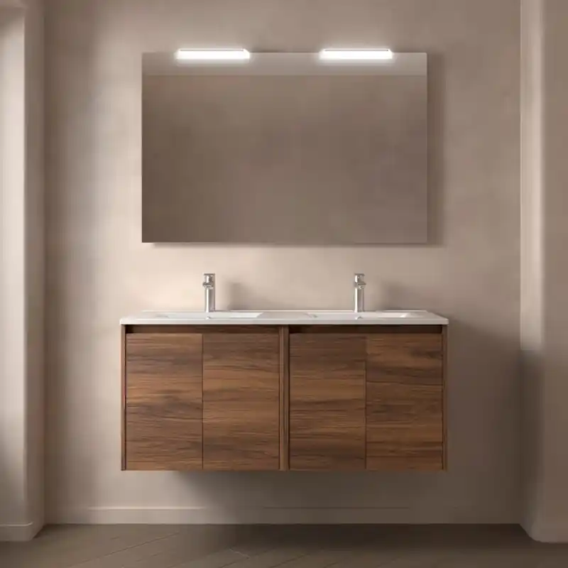 Meuble NOJA noyer maya 4 portes 120 cm avec double vasque, miroir et éclairage LED réf 105308 SALGAR