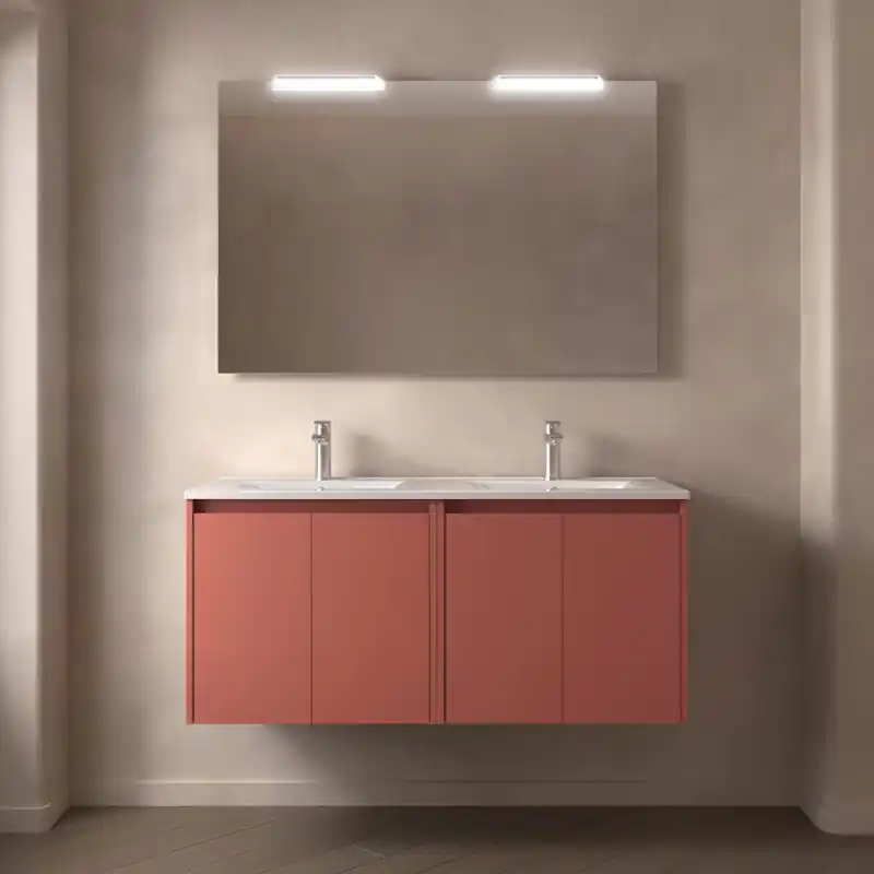 Meuble NOJA rouge mat 4 portes 120 cm avec double vasque, miroir et éclairage LED réf 105305 SALGAR