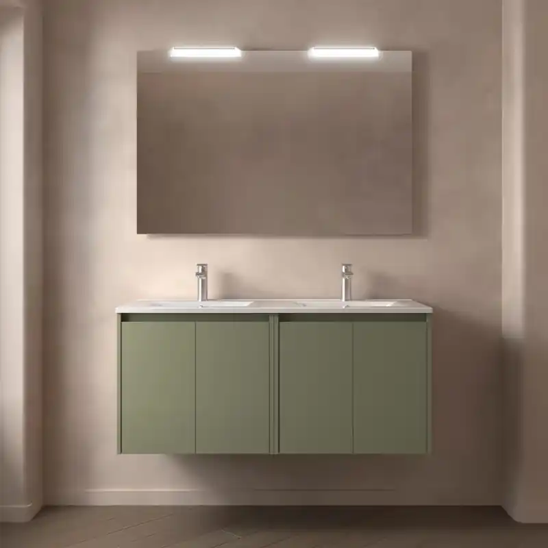 Meuble NOJA vert mat 4 portes 120 cm avec double vasque, miroir et éclairage LED réf 105304 SALGAR