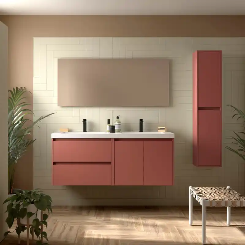 Meuble NOJA Rouge mat 2 tiroirs 2 portes 140 cm avec double vasque réf 113461 SALGAR