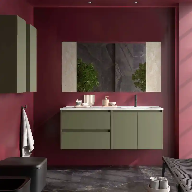 Meuble NOJA Vert mat 2 tiroirs 2 portes 120 cm avec vasque à droite, miroir et éclairage LED réf 119729 SALGAR