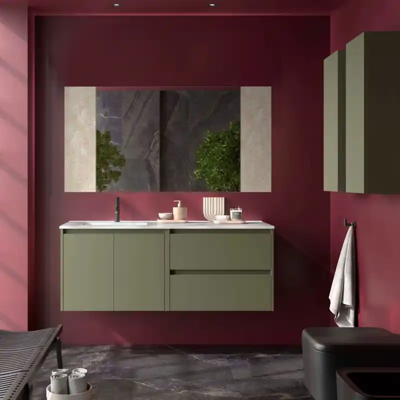 Meuble NOJA Vert mat 2 tiroirs 2 portes 120 cm avec vasque à gauche, miroir et éclairage LED réf 119719 SALGAR