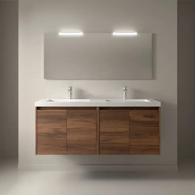Meuble NOJA noyer maya 4 portes 140 cm avec double vasque, miroir et éclairage LED réf 105317 SALGAR