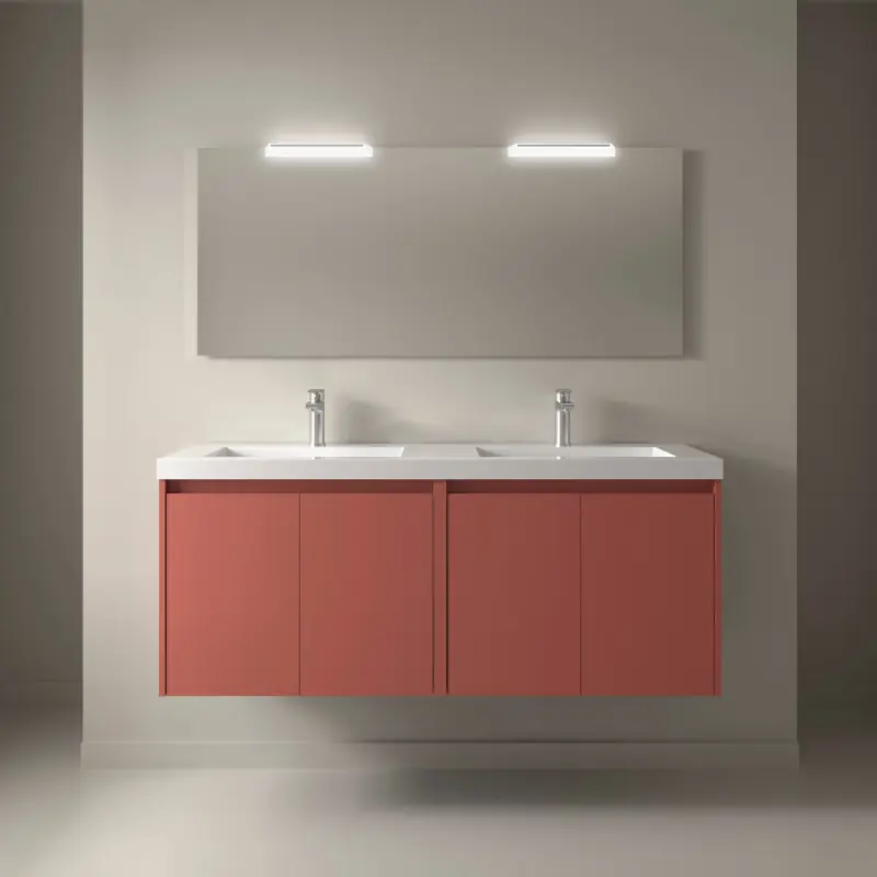 Meuble NOJA rouge mat 4 portes 140 cm avec double vasque, miroir et éclairage LED réf 105314 SALGAR