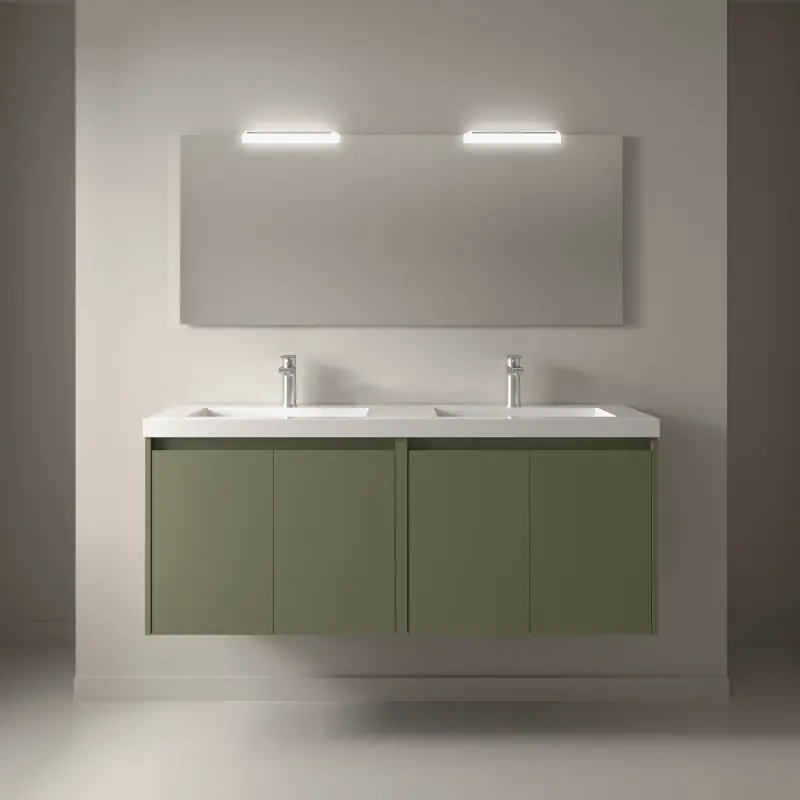 Meuble NOJA vert mat 4 portes 140 cm avec double vasque, miroir et éclairage LED réf 105313 SALGAR