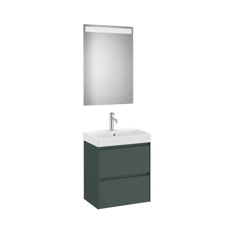 Meuble Ona compact 2 tiroirs + lave-mains en fineceramic + miroir led eidos 550mm vert mat réf A851699513 ROCA