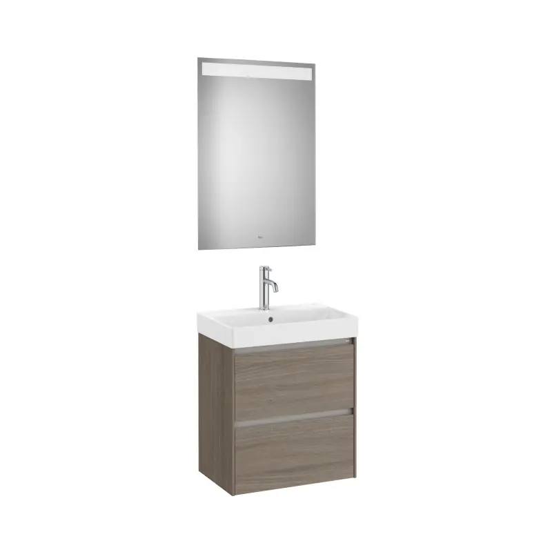 Meuble Ona compact 2 tiroirs + lave-mains en fineceramic + miroir led eidos 550mm orme foncé réf A851699511 ROCA