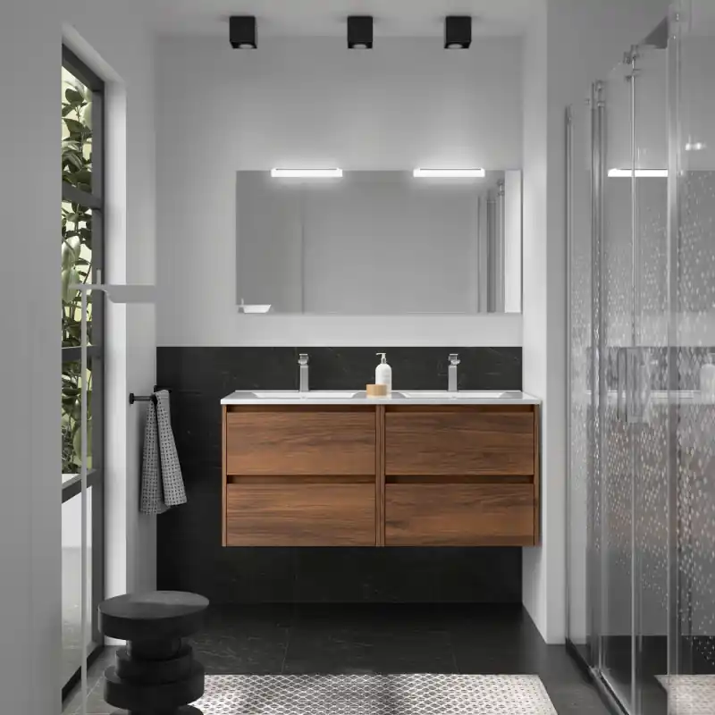 Meuble NOJA noyer maya 4 tiroirs 120 cm avec une double vasque, miroir et éclairage LED réf 105443 SALGAR